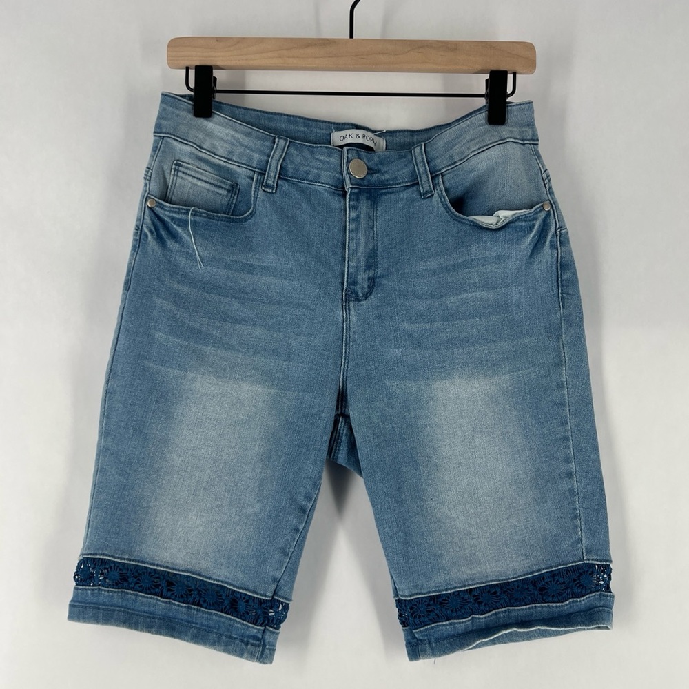 Oak &‎ Poppy Size 6 Light Wash Stretch Denim Lace Trim Bermuda Shorts Bohemian